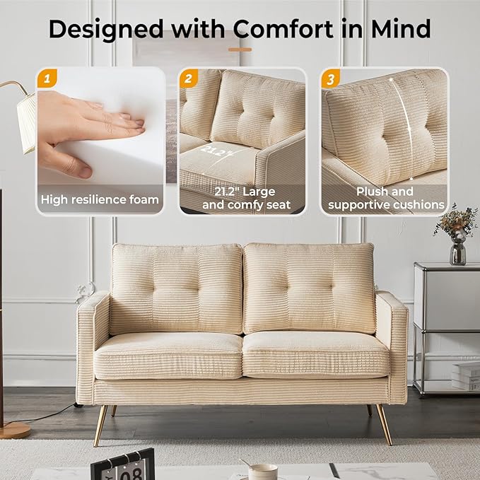 VINGLI 56 Modern Beige LoveseatSmall Corduroy Sofa Couch Deep Seat for Living Room2-Seater Loveseat Sofa for BedroomApartmentOfficeDormSmall Space