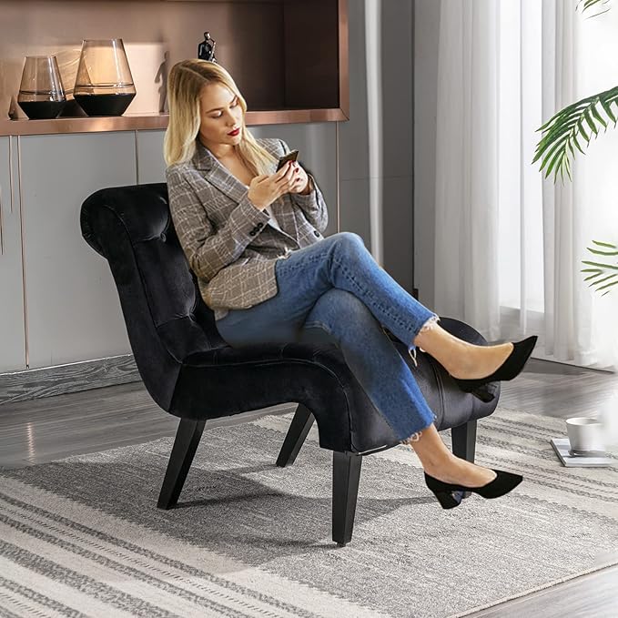 KINFFICT Velvet Accent Lounge Chair for Living Room Modern Leisure Chair with Tufted Backrest Indoor Armless Side Chair Upholstered Bedroom Sleeper Chairs with Solid Wood Legs