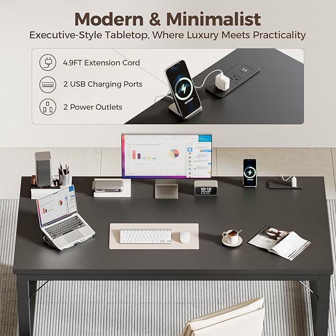 Mericonia 54 Inch Computer Desk with Power Outlets 1.2 Thick Heavy Duty Industrial Office Desk Modern Simple Study Writing Table for Home Office Bedroom Workstation Black