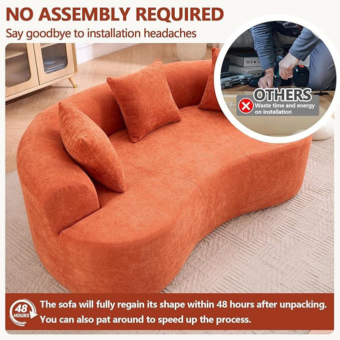 67 Curved Loveseat for Small Spaces Orange Curved Couches for Living room Compression Sofa in a Box with 3 Pillows Small Couch for Bedroom with Wide Armrest &amp Memory Foam No Assembly Required