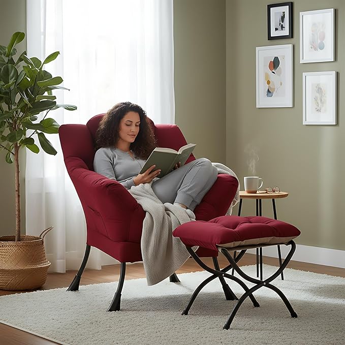 Welnow Lazy Chair with Ottoman Modern Accent Chair with Armrests and a Side Pocket Leisure Sofa Armchair Reading Armchair with Footrest for Small Space Burgundy