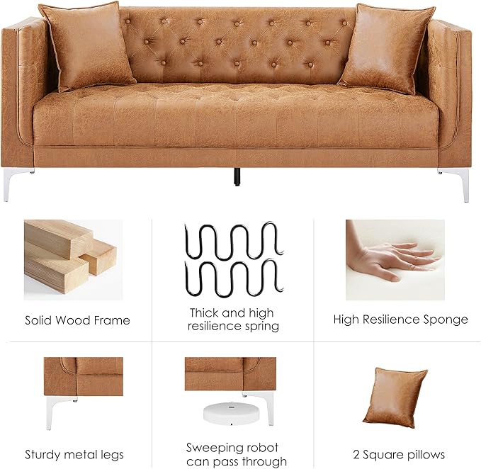 HIFIT 2 Piece Sofa Set for Living Room Modern Sofas Couches with 2 Pillows Button Tufted Couch with Extra Deep Seats 3 Seat Sofa for Apartment Lounge Brown