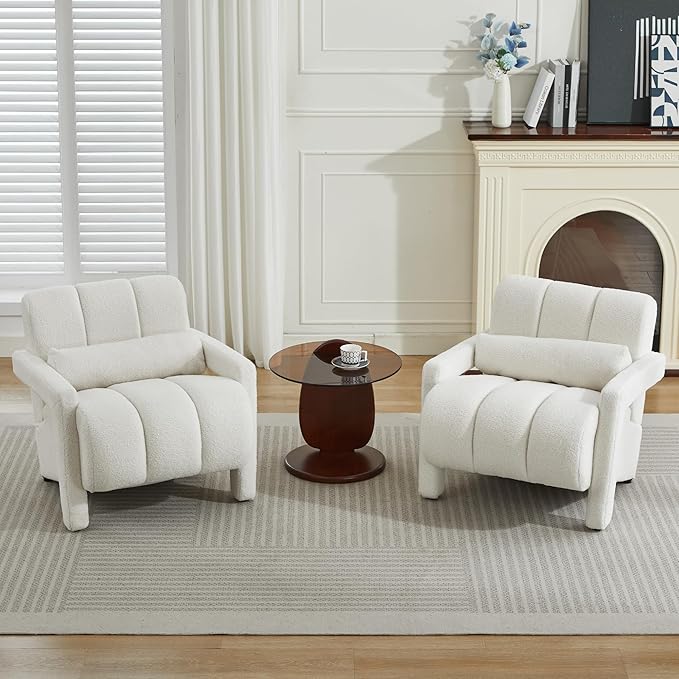 LOULENS Accent Chair Set of 2 Sherpa Cute Furry Fabric Teddy Chair with Thick Cushion and Pillow Single Sofa for Living Room Comfy Armchair for Bedroom Apartment Waiting Room Beige
