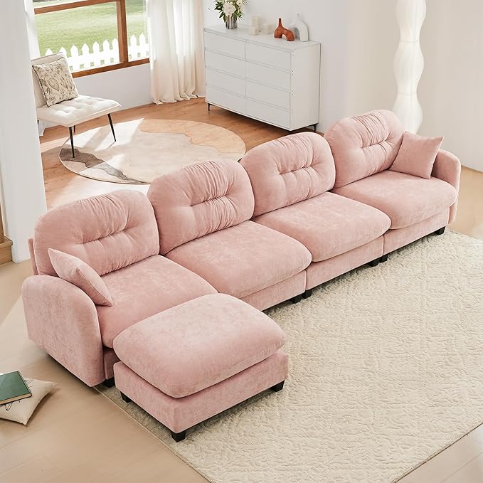Livavege 140 Oversized Sectional Sofa 4 Seater Comfy L Shaped Couch Set with Ottoman Fluffy Pink Modular Cloud Sofa w/Tufted Cushion Backrest Chenille Couches for Living Room Apartment
