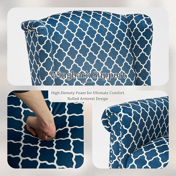 MOJAY Modern Accent Chair Comfy Wingback Armchair Blue Plaid Club Chair with Wooden Legs for Living Room Bedroom Office or Balcony