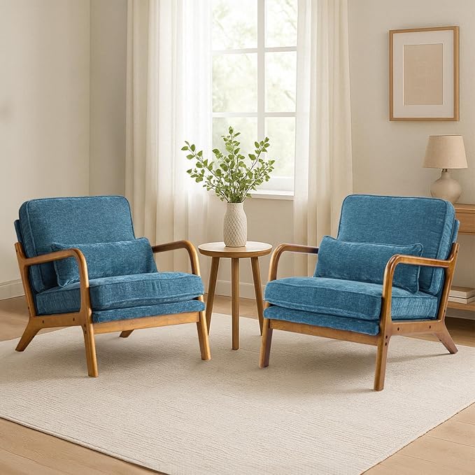 Karl home Mid Century Modern Accent Chair with Lumbar Pillow &amp Oak Arms – Plush Chenille Living Room Chair for Bedroom Lounge (Blue)