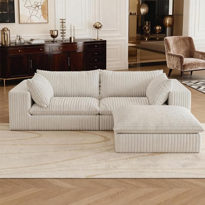 78.8 Corduroy Cloud Loveseat Sofa with Ottoman L Shaped Modular Sectional Couch with Removable Cushion No Assembly Required Deep Seat Boneless Couches for Living Room (White &amp 1 Ottoman)
