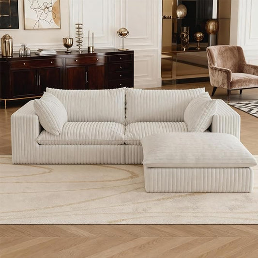 78.8 Corduroy Cloud Loveseat Sofa with Ottoman L Shaped Modular Sectional Couch with Removable Cushion No Assembly Required Deep Seat Boneless Couches for Living Room (White &amp 1 Ottoman)