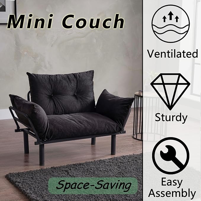 49 Mini Couch with Mattress Included Small Loveseat Sofa Chair for Small Space Oversized Accent Chair and a Half Metal Frame (Black)