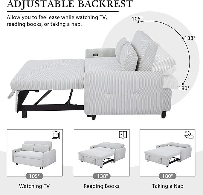 Merax Pull-Out Sofa Bed with Adjustable Backrest and Two Throw Pillows 2 Seat Loveseat Lounge &amp Type C and USB Ports 3 in 1 Convertible Sleeper Couch for Living Room Light Blue