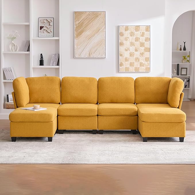 KEIKI 115 U-Shaped Polyester Modular Sectional Sofa with 2 Movable Ottoman &amp Storage Seat Upholstered Convertible Oversized 6-Seater Couch Free Combination Easy Assembly for Living Room Yell