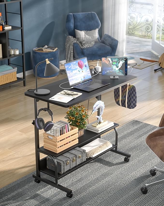 Armocity Rolling Standing Desk with Power Outlets 32 Manual Height Adjustable Mobile Computer Desk with Wheels Small Portable Sit Stand Laptop Couch Table for Bed &amp Sofa Home Office Black