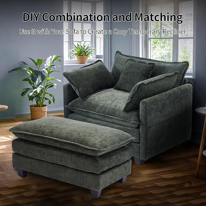 SweetGO corporation 40 Chenille Lounge Chair for Reading Modern Couch Cozy Sofa Bed Upholstered Living Room Single Sofa Accent Chair with Ottoman Green