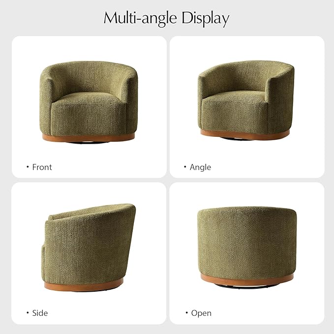 HULALA HOME Chenille Swivel Accent Chair Fully Assembled Comfy Upholstery Barrel Armchair with Sturdy Solid Wood Base Moss
