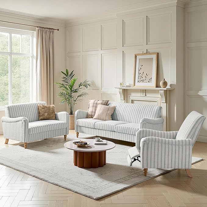 HULALA HOME Farmhouse Curved Couch with Stripe Pattern 3 Seater Sofa with Solid Wood Spindle Legs and Rolled Wide Armrests Comfy Upholstered Sofa for Living Room Bedroom Blue