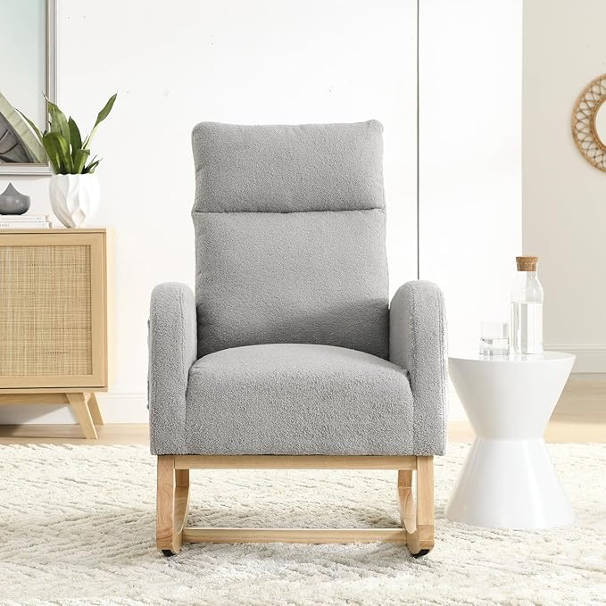 Modern Accent High Back Rocking Chair with Side Pockets Grey Teddy Fabric for Living Room and Nursery