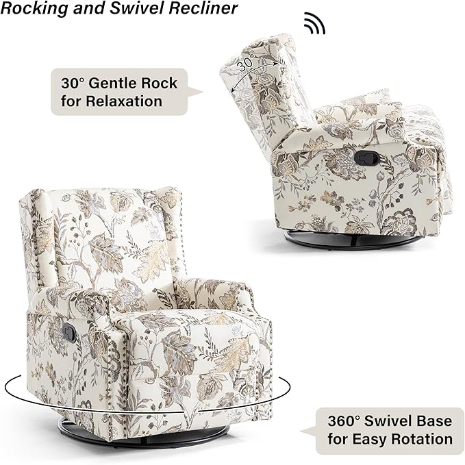 Swivel Rocker Recliner Chair Manual Nursery Glider Recliner Floral Fabric Wingback Accent Chair with Adjustable Backrest &amp Footrest for Small Spaces Living Room Bedroom (Plants Beige Set of 1)