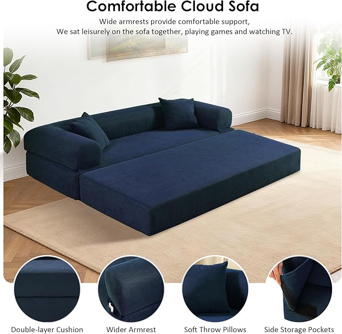80 Convertible Sofa Bed Corduroy Deep Seat Folding Pull Out Couch with Pillows No Assembly Modern Boneless Couch Compression Sofa in Box Floor Sofa with Storage Pocket for Living RoomNavy Blue