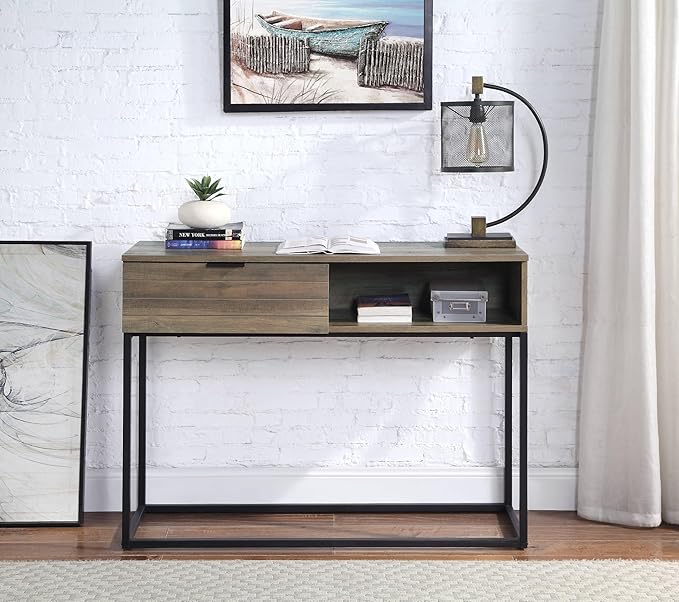 Penau Rustic Oak Writing Desk with Black Metal Legs Compact Home Office Desk Modern Industrial Style Ample Storage Space