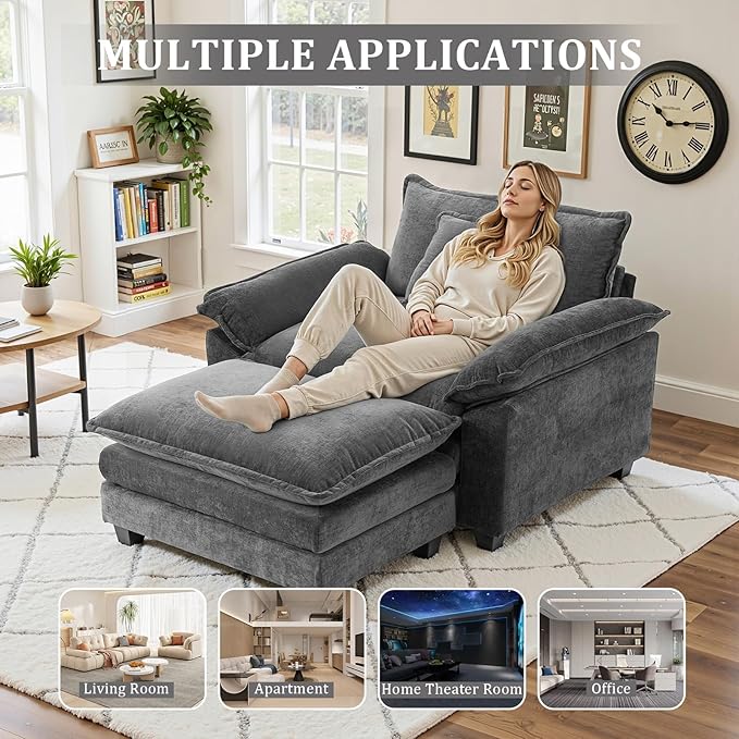 Oversized Accent Chair with OttomanOversize Chair Chenille Sofa with ArmrestsComfy Living Room Sofa with Deep Seat &amp PillowsOversized Reading Accent Chairs Couch Lounge for Bedroom (Grey)
