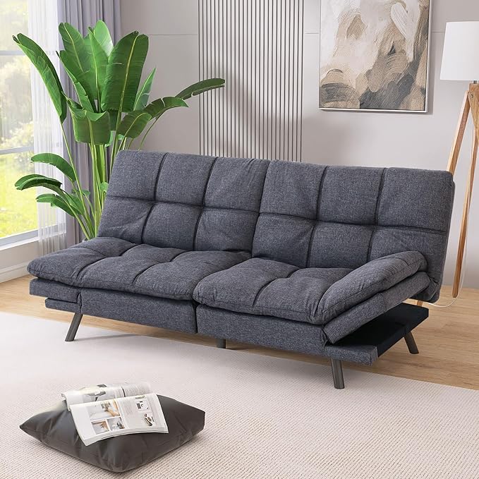 71 Convertible Futon Sofa BedLinen Fabric Futon Couch BedMemory Foam Sleeper SofaModern Folding Small Loveseat for Living RoomOfficeApartmentRetro Grey