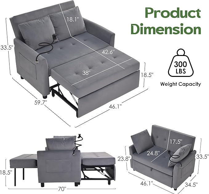 Sleeper Sofa Bed 3 in 1 Convertible Sleeper Couch Bed Pull Out Small Loveseat Sofa Futon Sofa Bed 46 Velvet Love Seat with Pillow and Phone Holder for Living Room Grey