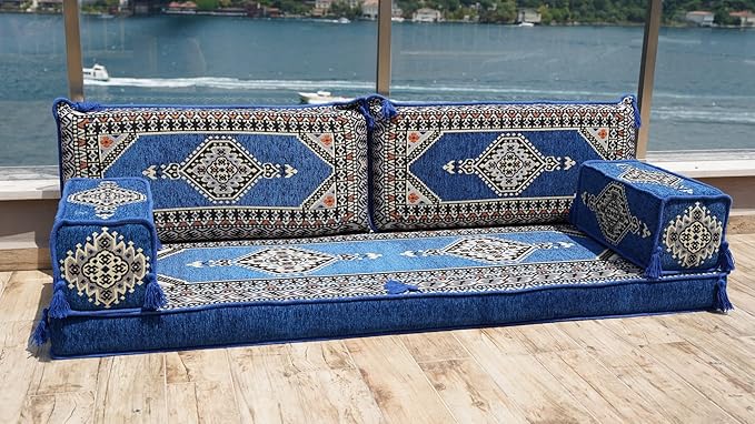 Single Arabic Floor Seating Cushions Arabic Majlis Floor Sofa Reading Nook Loveseat Sofa Single Floor Couch Ottoman Floor Pillows (Blue)