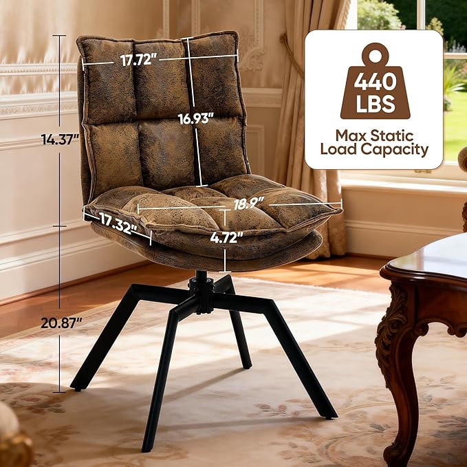 KEEZY Mid-Century Modern Accent Chair Set of 2 Cat-Scratch Leather Vanity Chair with 360° Auto Return Swivel High Density Padding &amp Metal Legs Ideal for BedroomLiving Room andHome Office（Brown