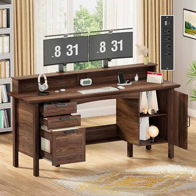 Farmhouse Office Desk with Power Outlet &amp Monitor Stand 63'' Home Computer Desk with 2 Drawers File Cabinet Storage Cabinet Executive Desk for Work Study Writing Gaming Walnut
