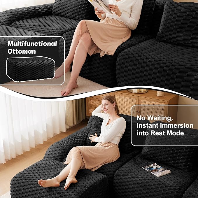 114 Modern U-Shaped Modular Sectional Sofa for Living RoomFlannelette Fabric Boneless SofaOversized 3-Seater Couch with Movable OttomanBuckle ConnectionAnti-Slip DesignNo Assembly