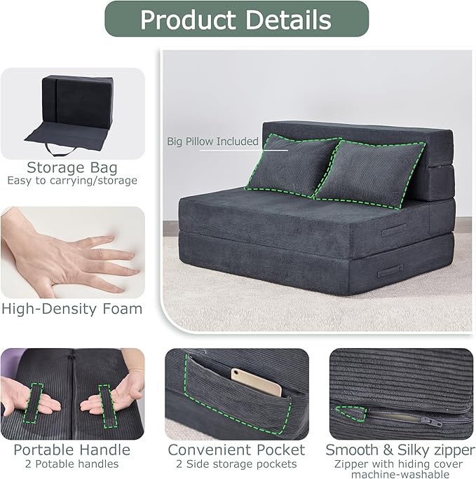 Folding Sofa Bed 4 in 1 Convertible Sleeper Chair with Pillow Twin Memory Foam Fold Out Chair Bed Modern Floor Futon Sofa Couch Mattress for Living Room/Guest/Apartment Dark Grey