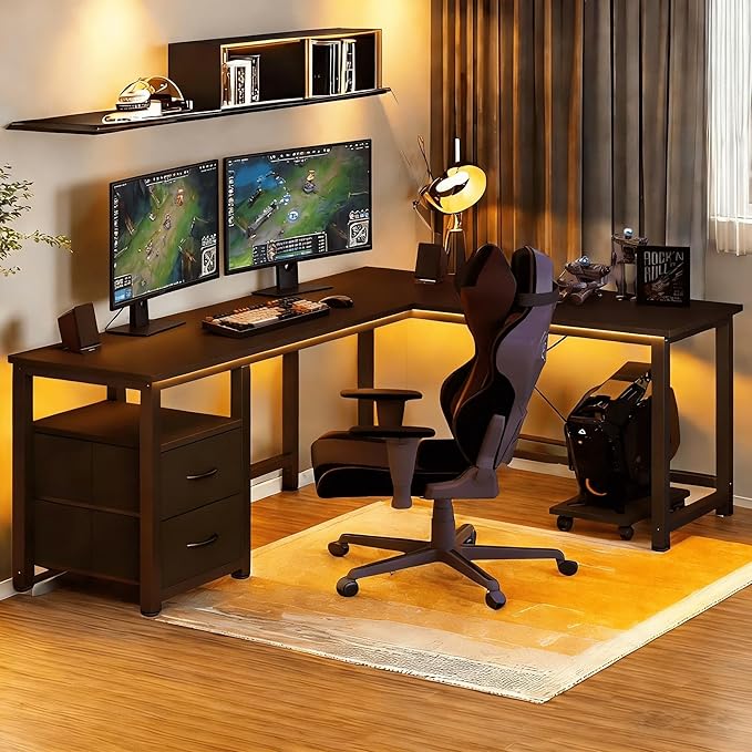 Gizoon 66 L Shaped Gaming Desk with Large Drawers Reversible Corner Desk with Power Outlets &amp Moveable CPU Stand Home Office Computer Desk Black