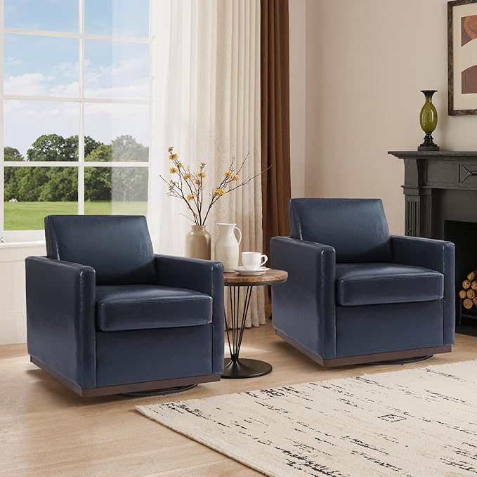 Swivel Barrel Accent Chair Mid Century Modern Arm Chair for Living Room Bedroom Comfy Club Reading Lounge Sofa Corner Chairs for Adults (Leather Navy Blue Set of 2)