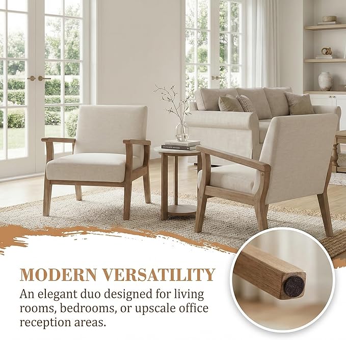 VESCASA 23.2 W Accent Chair with Arms Comfy Farmhouse Side Chair with Upholstered Seat Mid Century Modern Reading Chair with White Wash Wood Legs for Living Room/Bedroom White Linen
