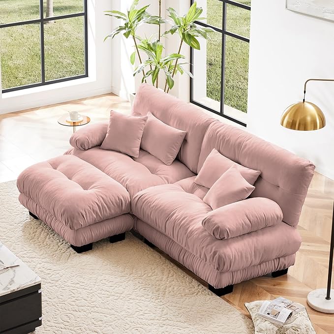 Cloud Sectional Couch 94.4 Chenille L-Shaped Deep 2 Seater Modular Sofa for Living Room Upholstered Wide Arm Sofa with Convertible OttomanPink