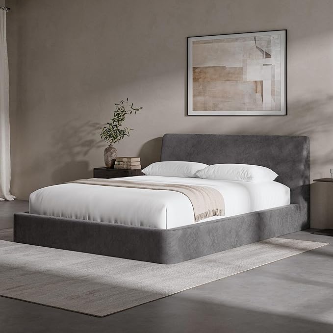 RECCI AirFrame Queen Bed Frame with Ergonomic Angled Foam Cushioned Headboard Minimalist Design Platform Bed Frame No Box Spring Needed Easy Assembly (Moon Grey)
