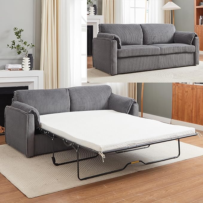 Pull Out Sofa Bed Corduroy Queen Sleeper Sofa Couch with Foam Mattress Large Sleeper Pullout Couch Bed for Living Room Office Queen Size (Grey)