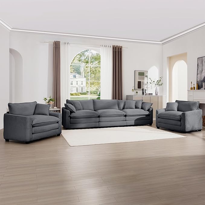 mikibama Luxury 3 Piece Sofa Set 3-Seater &amp 2 Single Sofa Set Modern Corduroy Comfy Cloud Couches Set for Living Room Office with 2 Armrest Pillows and 5 Toss Pillows Grey