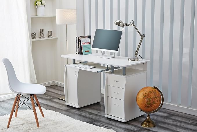 RayGar White Deluxe Design Computer Desk with Cabinet and 3 Drawers for Home Office Table Workstation - New (White)