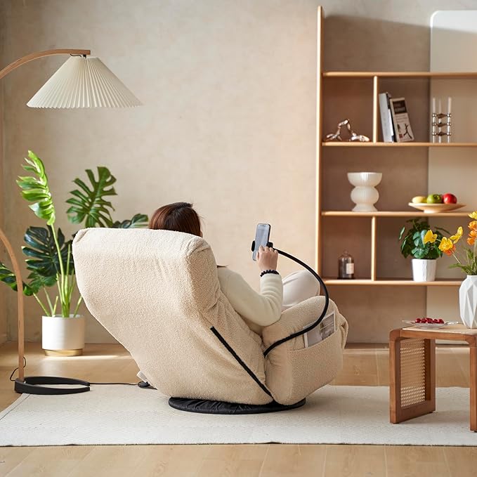 Gwen Upholstered 360° Swivel Chair Lounge Chair with Adjustable Backrest/Headrest Metal Frame Living Room Lounge Sofa and Phone Holder Comfy Bean Bag Chair Beige