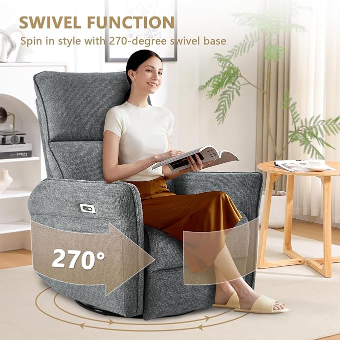 cinkehome Power Swivel Rocker Recliner with USB Overstuffed Electric Reclining Chair Snowflake Fleece Rocker Recliner for Nursery Living Room Bedroom