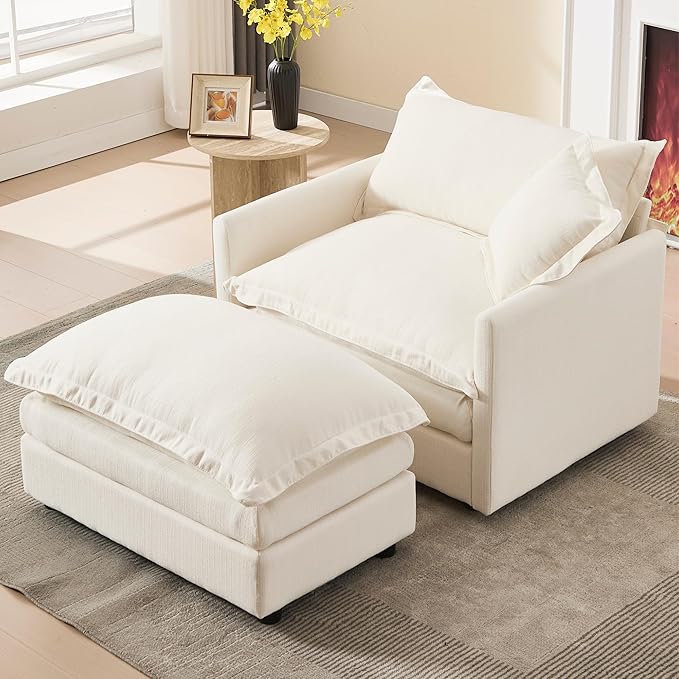 Oversized Chair with Ottoman Upholstered Comfy Single Sofa Chaise Lounge Chair Indoor for Reading Living Room Bedroom Office(Linen White)