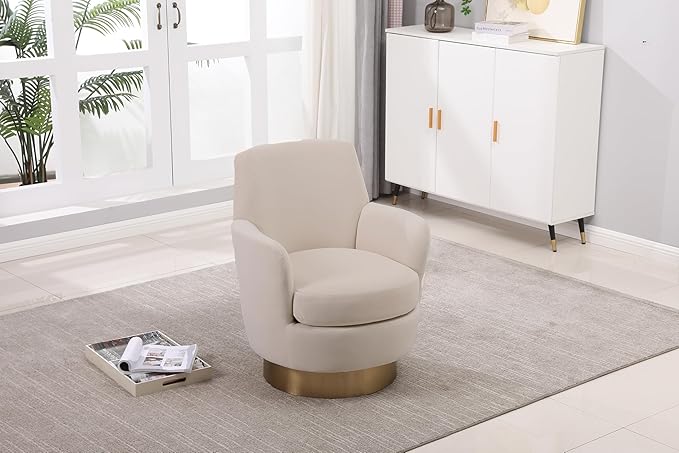 Swivel Accent Chair Modern Velvet American Design Swivel Round Barrel Chairs Upholstered Cozy Style for Living Room Bedroom Home Office (Velvet Beige 1 Pack)