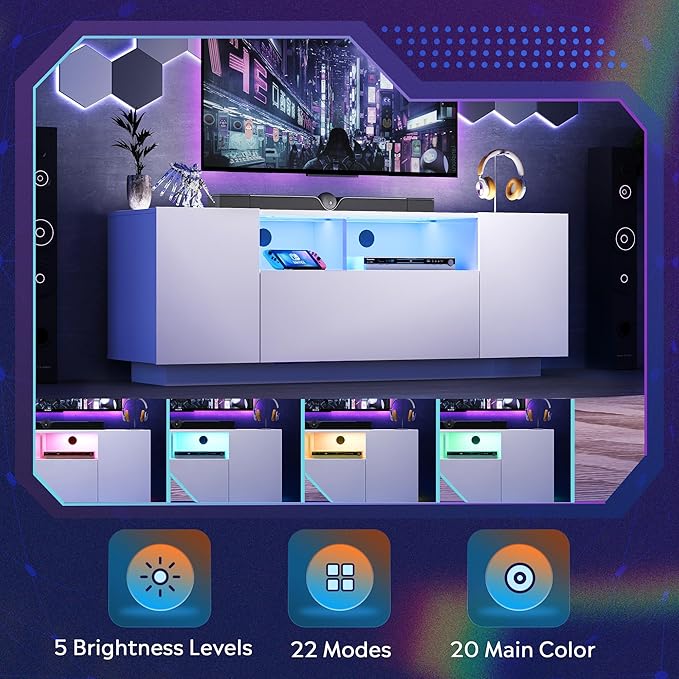WLIVE TV Stand with LED Lights &amp Large Storage Cabinet Modern Entertainment Center for 32/43/50/55 Inch TVs Sturdy Media Console for Living Room Bedroom Gaming White