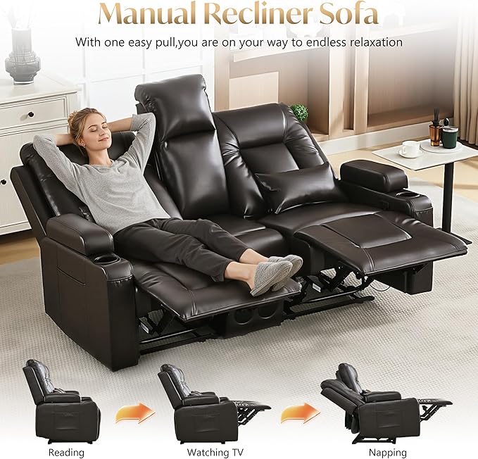 Houjud Manual Reclining Loveseat Sofa with Console PU Leather Recliner Sofa RV Couch with Bluetooth Speakers USB Charging AC Outlets and Pillow for Home Theater Dark Brown