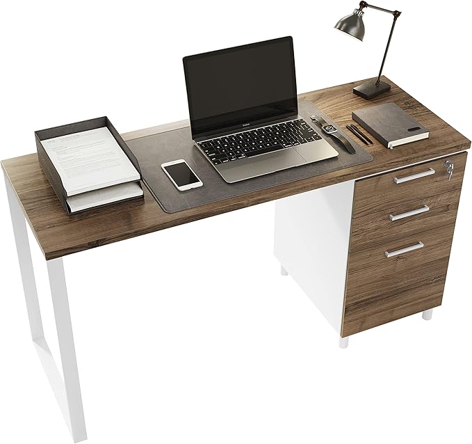 Modern Design Milano Office Desk with 3 Locking Drawers 48 Inch White and Walnut Industrial Wood Desk with Filing Drawer and Storage by Crafts and Comfort