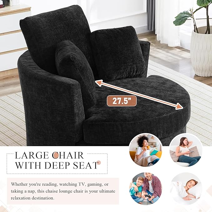 42 W Modern Black Swivel Barrel Chair with 360° Round Metal Base &amp Soft Chenille Pillows &amp Thick Cushion Comfy Oversized Chaise Longue Indoor Living Room Bedroom Club Reading Armchair (Blac