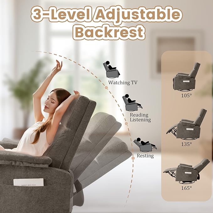 Recliner Chair Swivel Rocking Recliner Chair for Adults Glider Rocking Chair Small Nursery Chair Recliner for Living Room Reclining Chair with Modern-Designed Armrests Chenille Brown