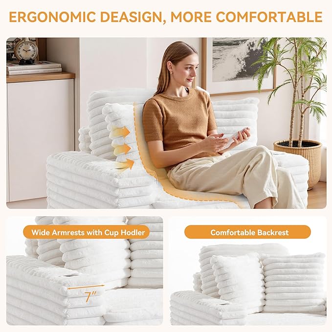 UIXE Accent Chairs Set of 2 Faux Fur Upholstered Armchair with Cup Holder for Living Room Comfy Arm Chair Wide Armrest Single Sofa Bedroom Reading Seat w/Throw Pillows - Beige