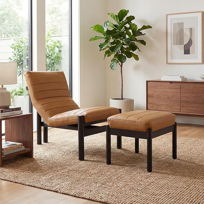 Upholstered PU Leather Accent Chair and Ottoman Set Modern Living Room Chair with Reclining Backrest and Footstool Small Reading Chairs for Living Room Bedroom Brown
